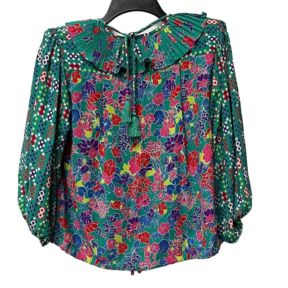 Diane Freis Womens Green Ruffle Neck Floral Top Polka Dot Padded Blouse Carnival Size undefined - Image 2