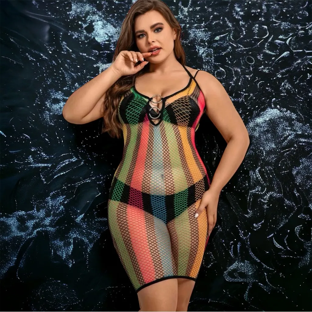 Plus Size Sexy Lingerie Dress ‎ Rainbow Striped Ring Decor Halter Neck Slim Fit - Image 16