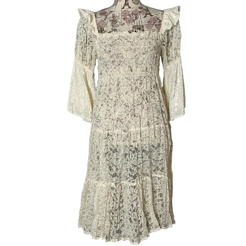 Vintage Empire Waist Lace Tiered Dress Ruffle Flare Sleeve Boho Size Small - Image 3