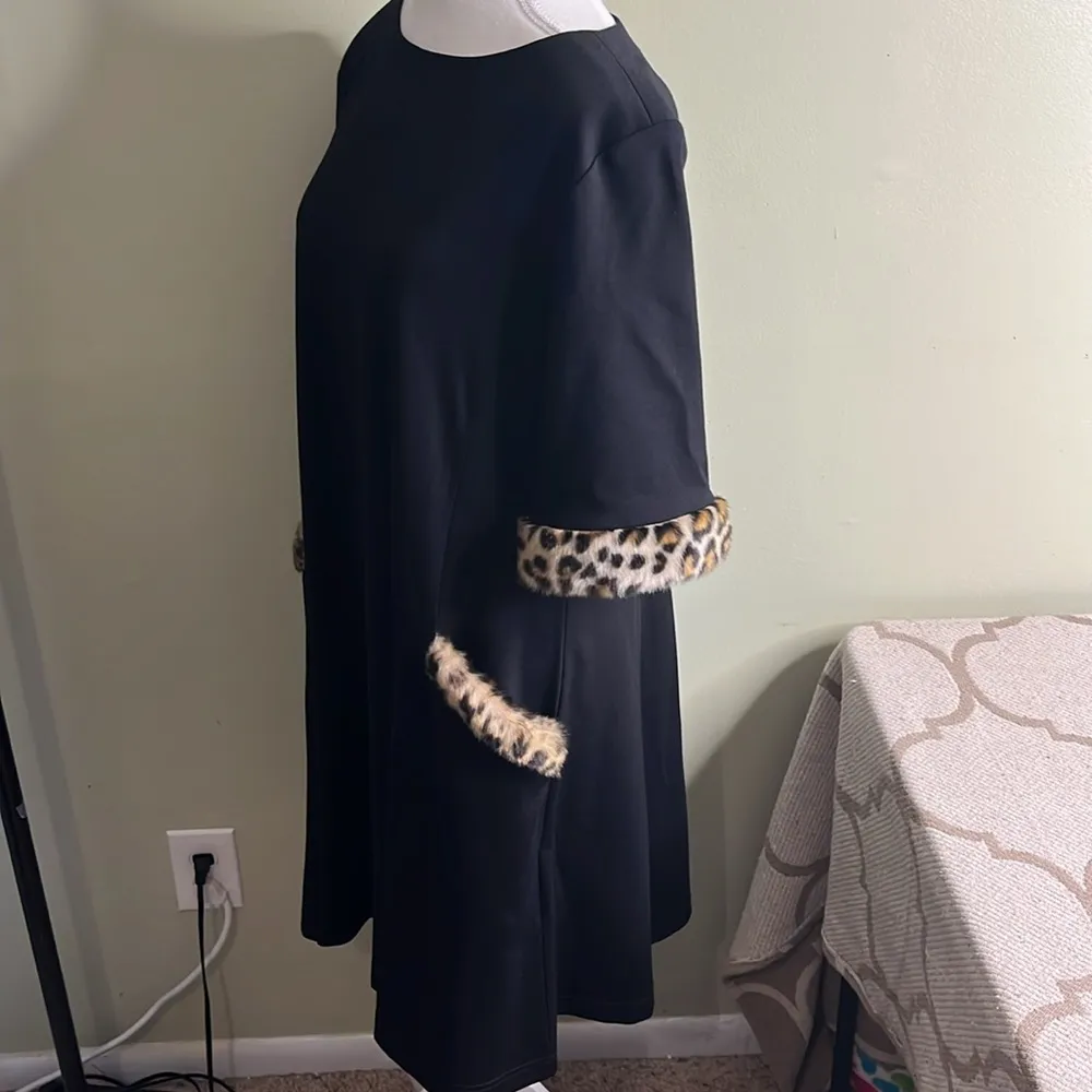 Sara Campbell black short sleeve fur trim cheetah front pockets swing dress Size L - Image 15