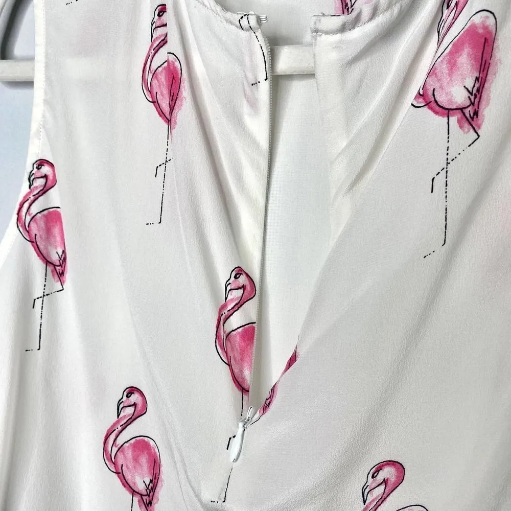 Equipment Lyle Flamingo Print Silk Sleeveless Watercolor Top White Pink Small - Image 9
