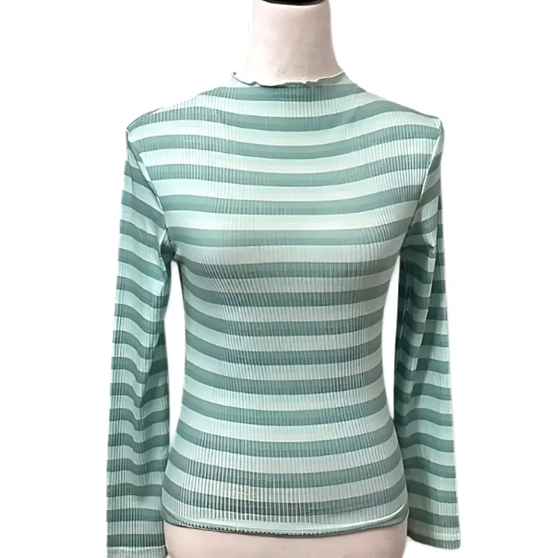 Cali Be Casual Top Long Sleeve Mock Neck Lettuce Edge Ribbed Stripe Blue M NWOT Size M - Image 3
