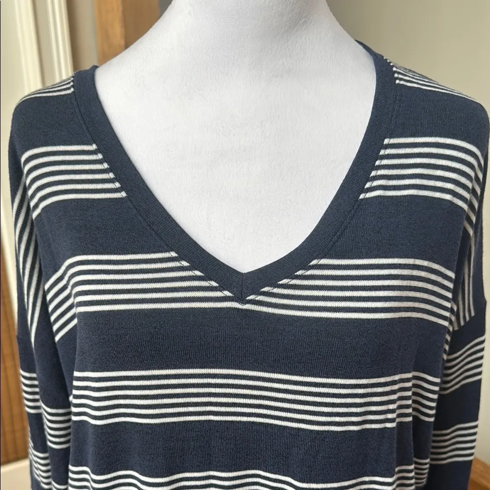 Navy Blue and White Striped V-Neck lightweight Sweater - Image 4