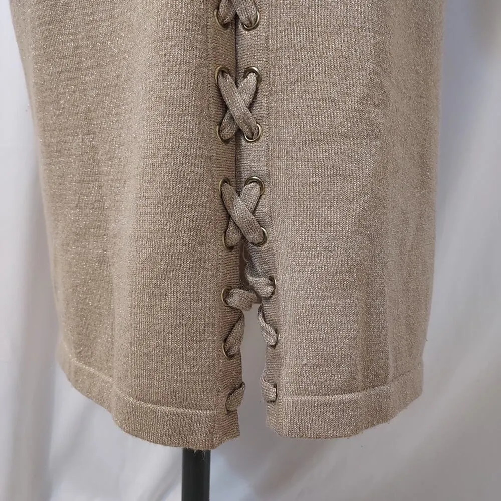 Allison Brittney Sparkly Metallic Gold Lace Up Bodycon 3/4 Sleeve Sweater Dress - Image 7