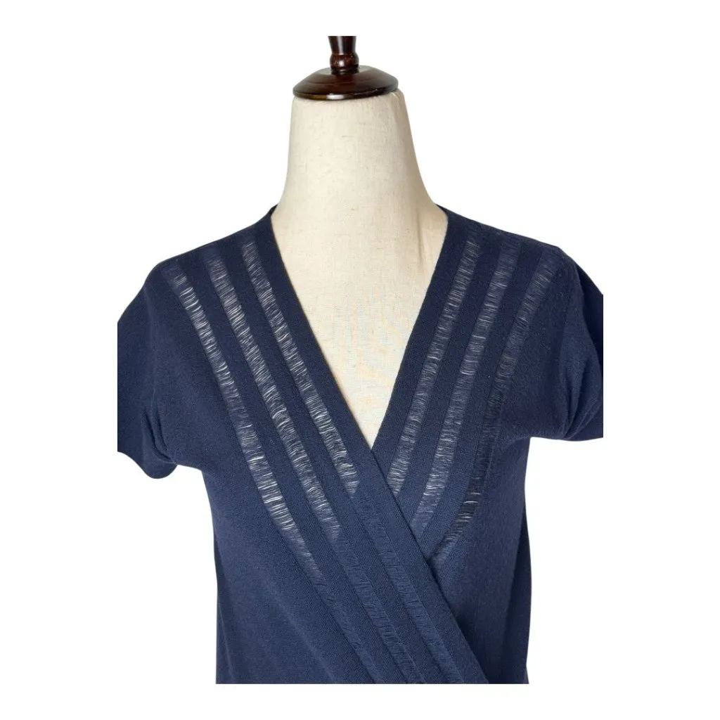 Theory Sweater Women XS Navy Blue Wool‎ Knit Wrap Fringe Detail Luxury Preppy - Image 3