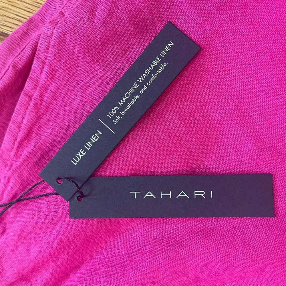 TAHARI 100% Linen pants Wide leg, high waisted, elastic waist Pink magenta Sz L - Image 4