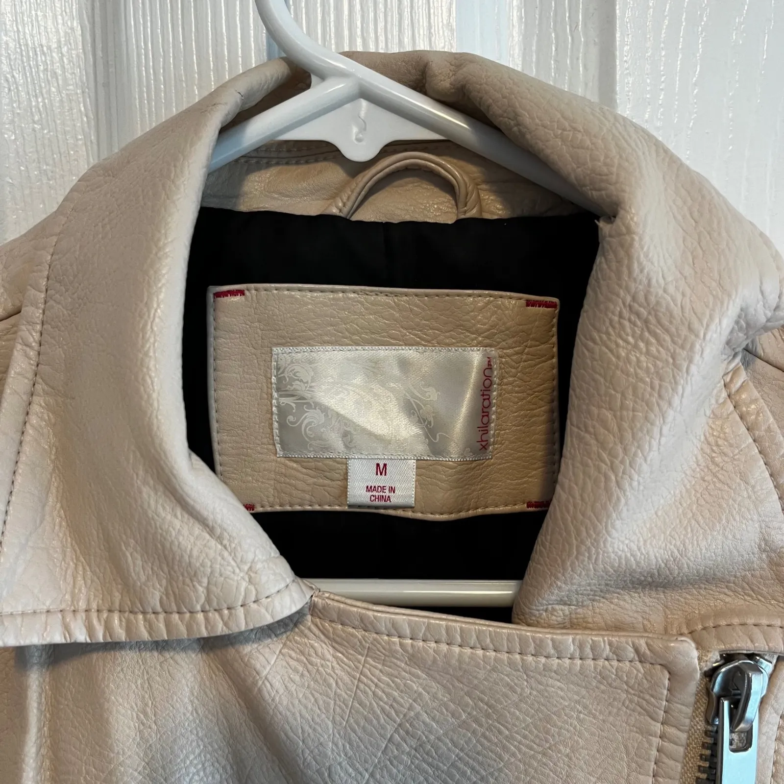 Faux Leather Motorcycle Biker Jacket with Belt Buckle - Beige Moto Bomber Size M - Image 5