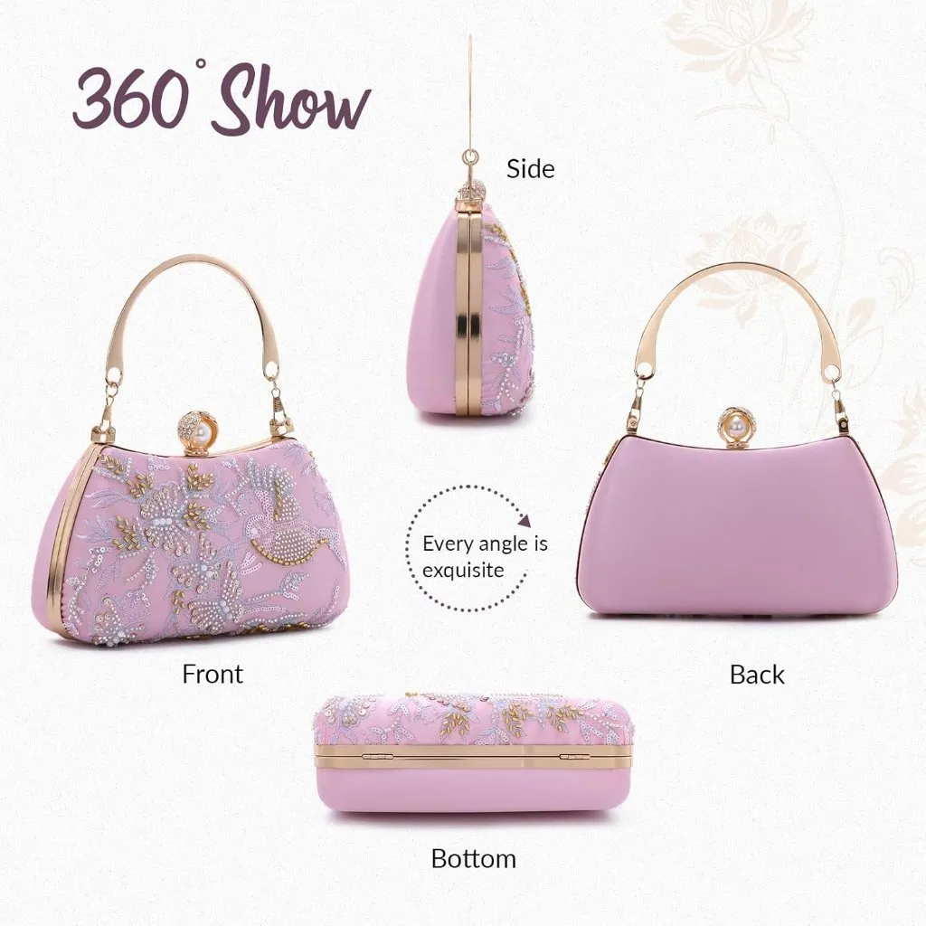 ⚡ Women's Floral Sequin Light Pink Embroidery Evening Beaded Clutch Handbag - Image 7