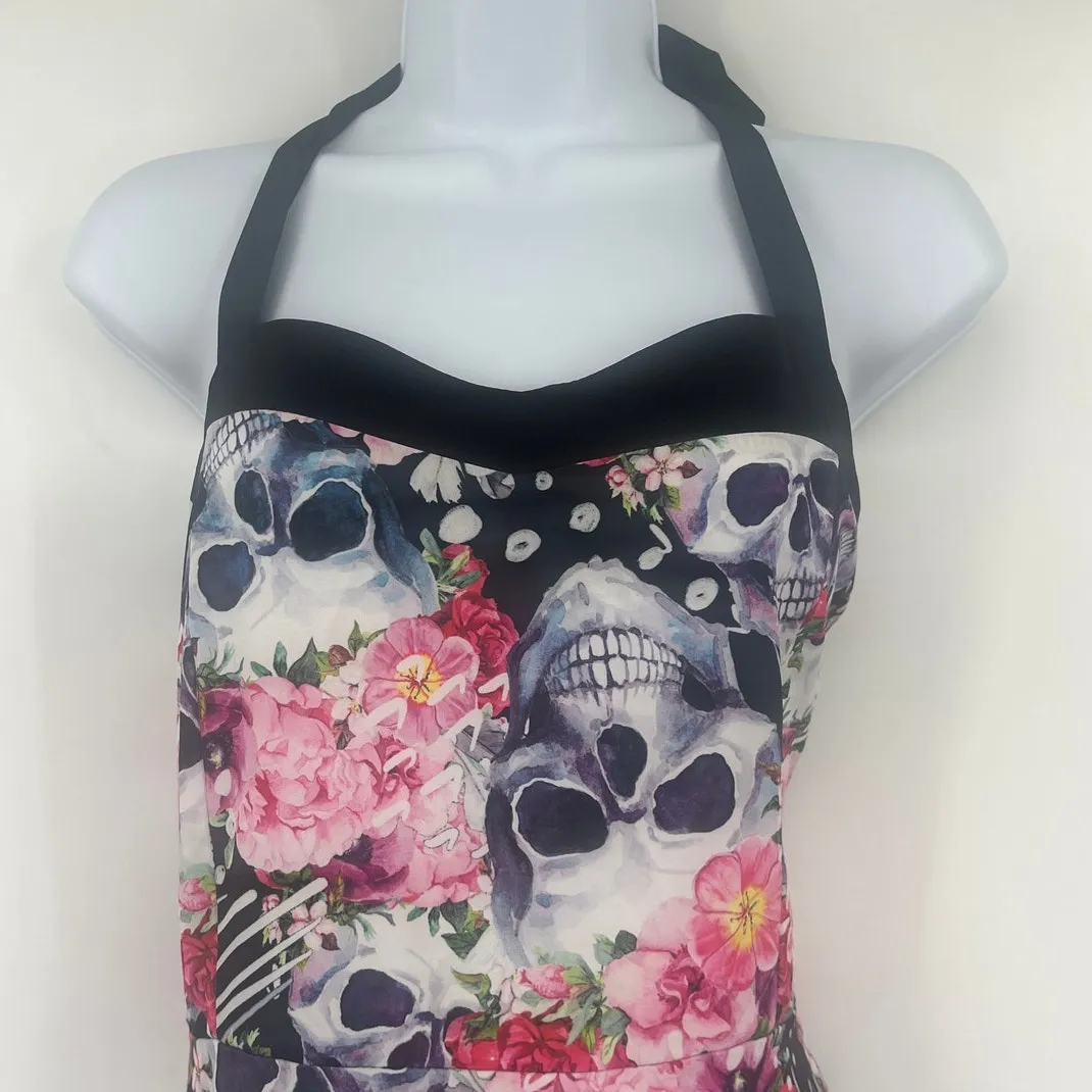 Floral Skull Halter Dress Sz XL Rockabilly Pinup Gothic Vintage Tattoo Halloween Black - Image 2