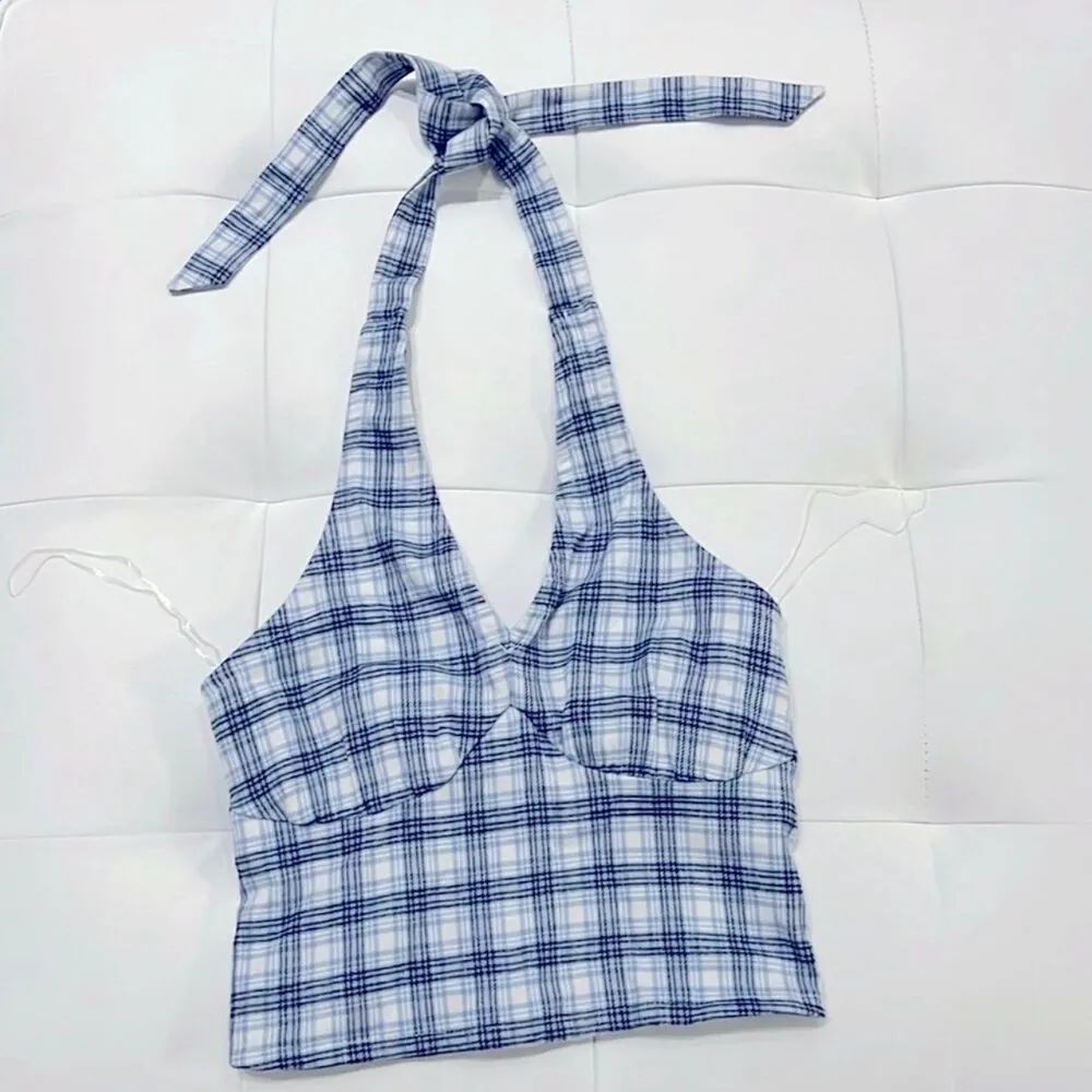 Hollister Women's Plaid Flannel Halter Self Tie Smocked Back Crop Top M - Image 3