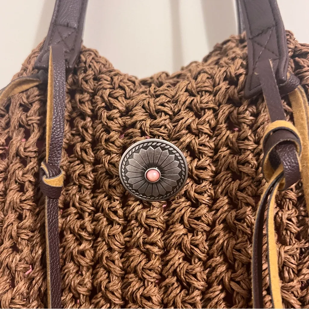 Rode Sko Bohemian Straw Woven Tote Bag Concho Beach Resort Western Brown Pink - Image 2