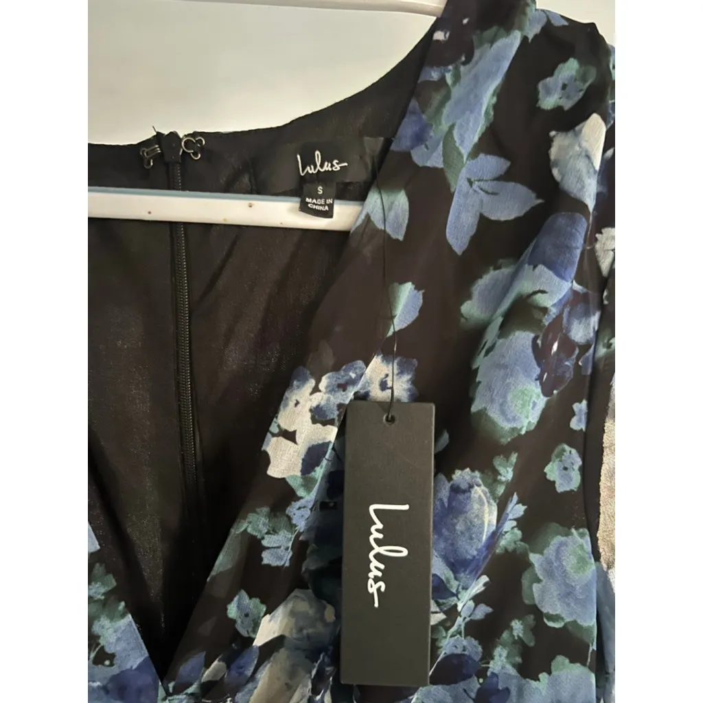 Lulus Long Sleeve Dress Black with Blue Floral - Image 2