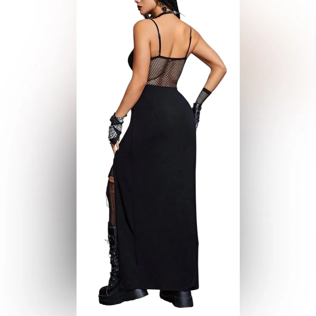 🆕ROMWE Black Contrast Mesh Lace Up Front Split Thigh Cami Dress L🆕 - Image 3