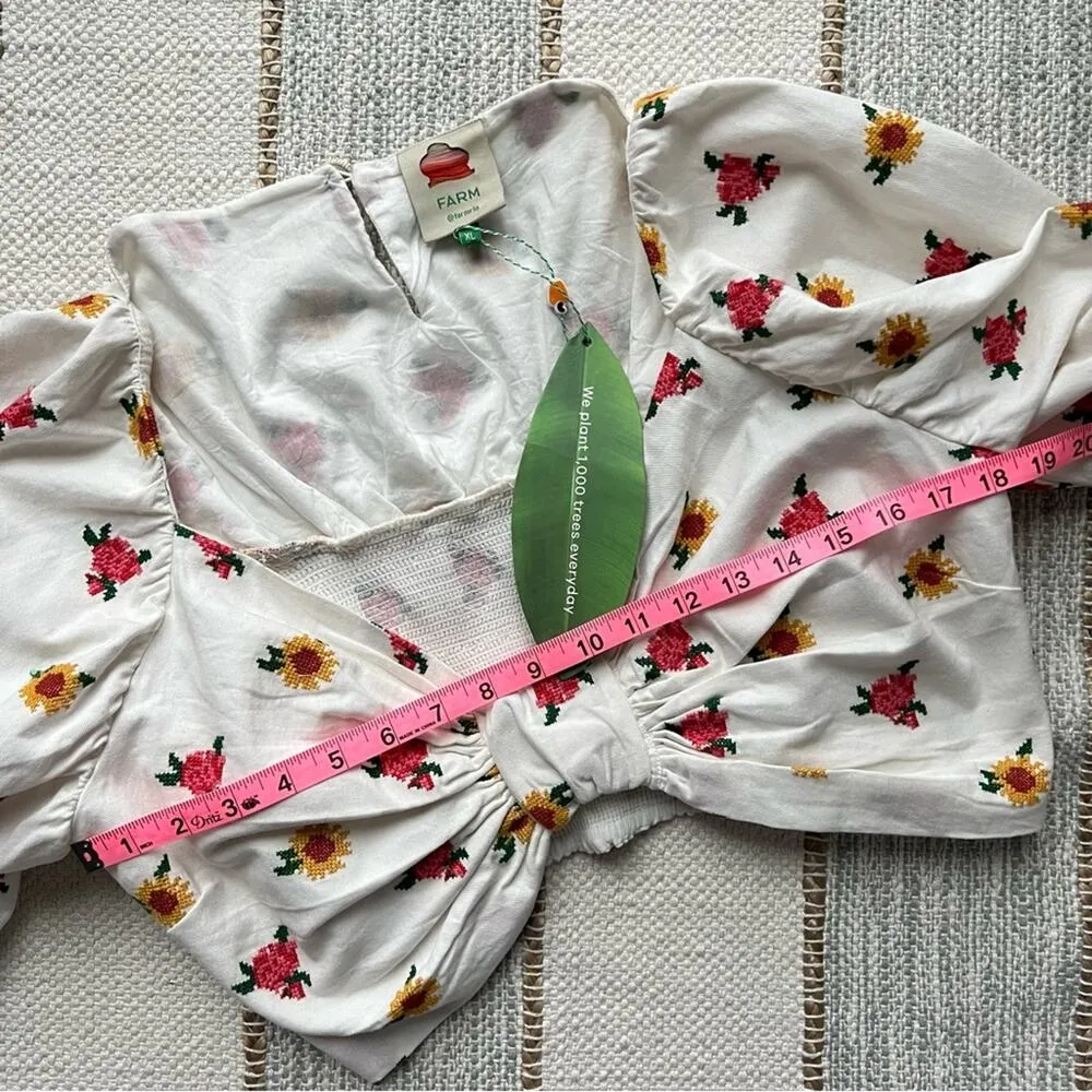 Farm Rio Mixed Cross Stitch Flowers Embroidered Long Balloon Sleeves Crop Top XL - Image 6