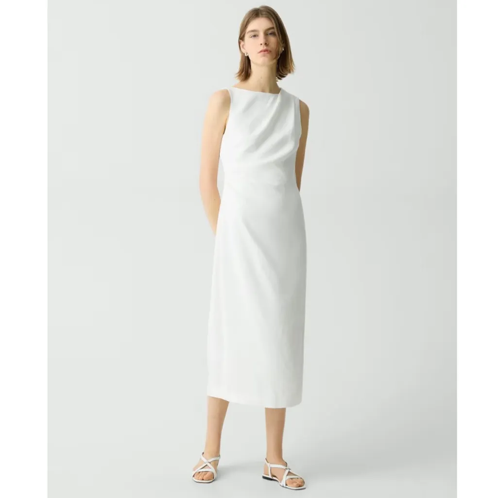 Theory Draped Midi Dress in Linen-Viscose White - Image 3