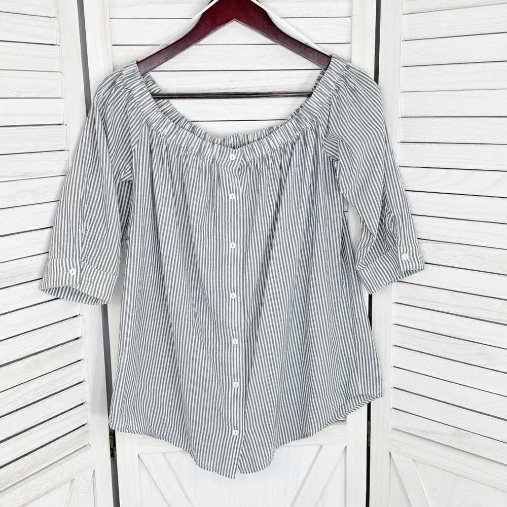 14th & Union‎ Striped Button Back Off The Shoulder Shirt Grey White Medium - Image 8