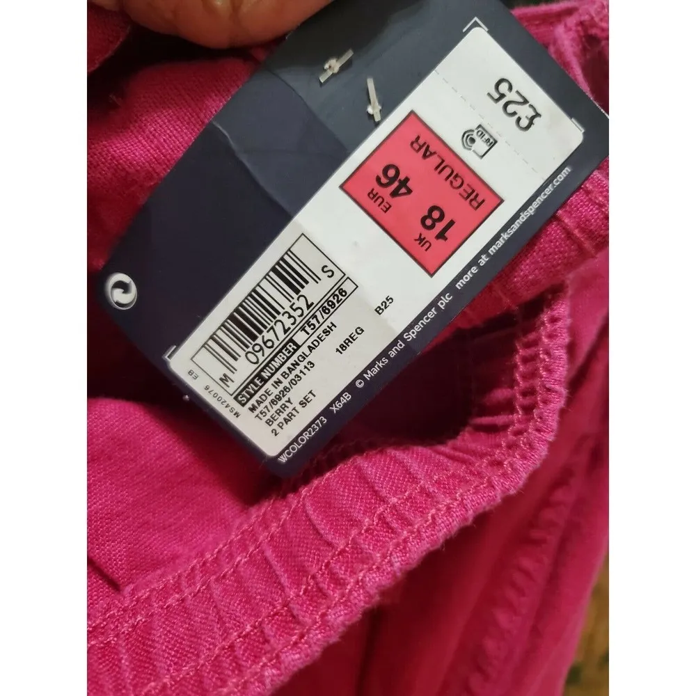 M&S Collection Women Pink 100% Linen Mid Rise Pull On Wide Legs Regular Pants 18 - Image 7