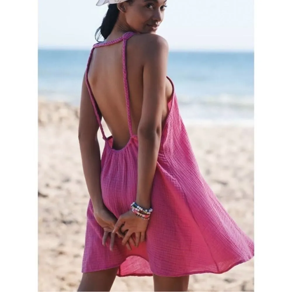 Anthropologie Pink Braided Halter Neck Sleeveless Mini Cami Beach Summer Dress S - Image 2