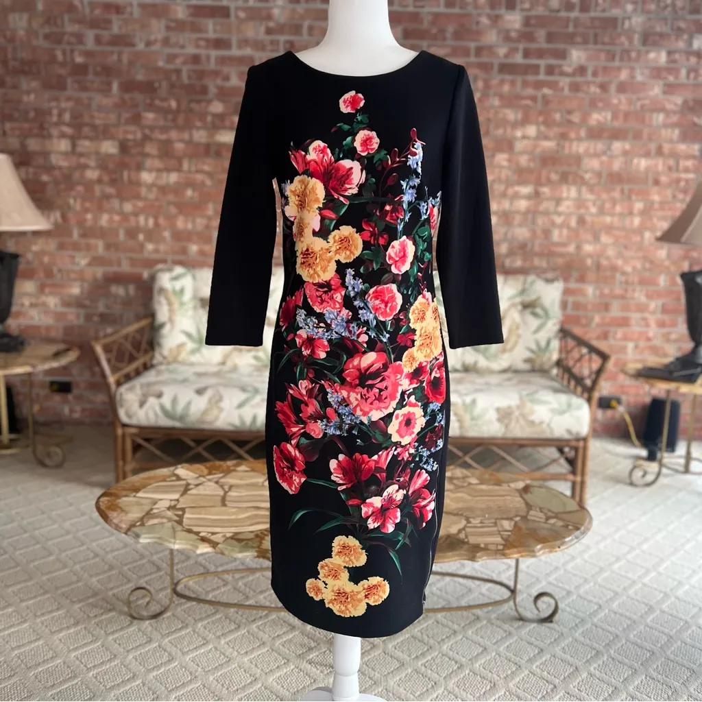 ECI Dress Black Floral Ponte Knit 6 Sheath Pencil Cocktail Garden Party Chic Mod - Image 3