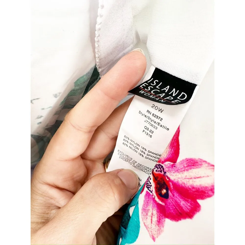 Island Escape Floral Printed Monterey Underwire Shirred Tankini Swim Top 20W White - Image 6