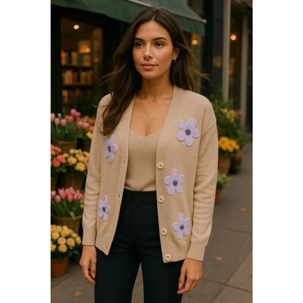 Beige Floral Embroidered Cardigan Cottagecore Soft Girl Artsy Y2K 2000s Boho M - Image 2