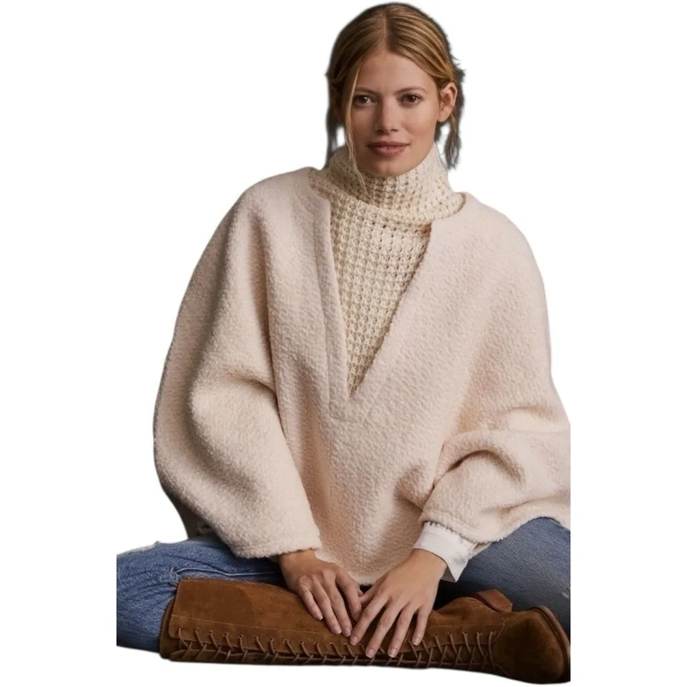 Anthropologie Textured Sweater Poncho Cape Wool Blend Knit Neck One Size OS $198 - Image 2