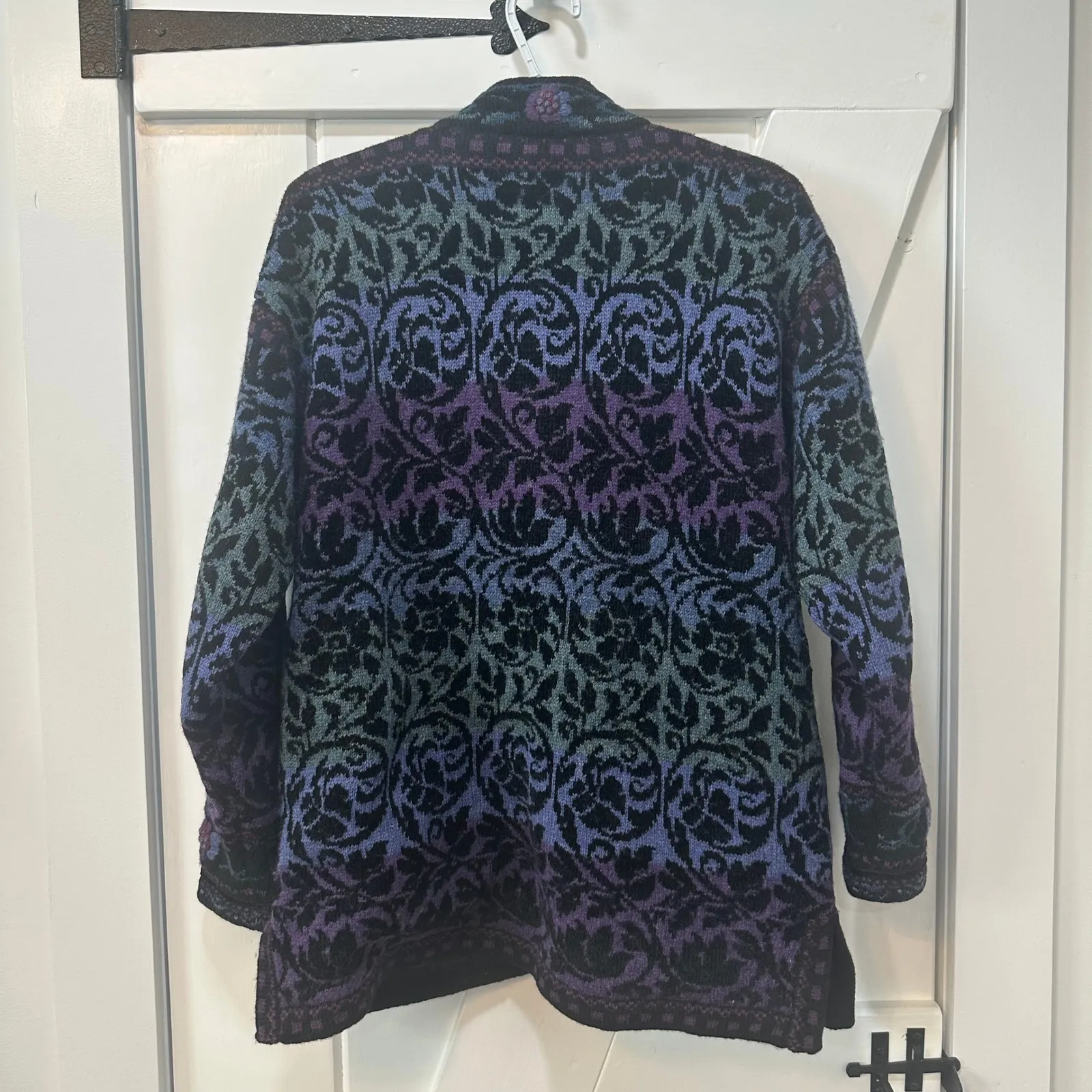 Icelandic Design Womens Wool Sweater Jacket Medium Paisley Zip Outerwear Ombre Blue - Image 9