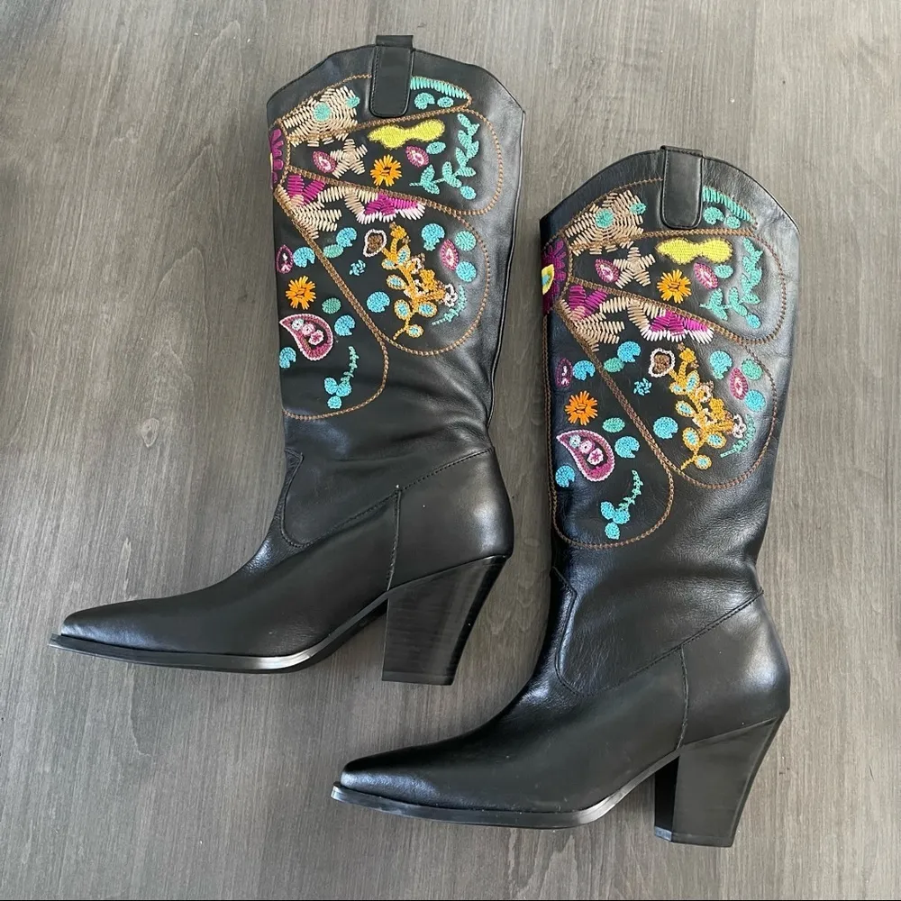 Black Vegan Leather western Cowgirl Boots Colorful Shaft Embroidery size 6.5 - Image 4