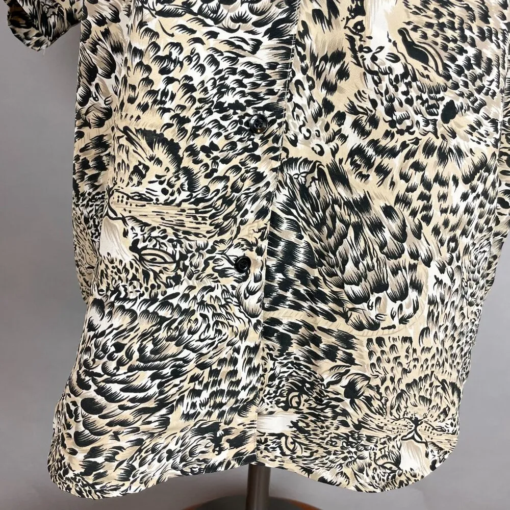 Vintage Leopard Print Blouse Faces Animal Jungle Top Shirt Women Black Tan White Size XL - Image 4