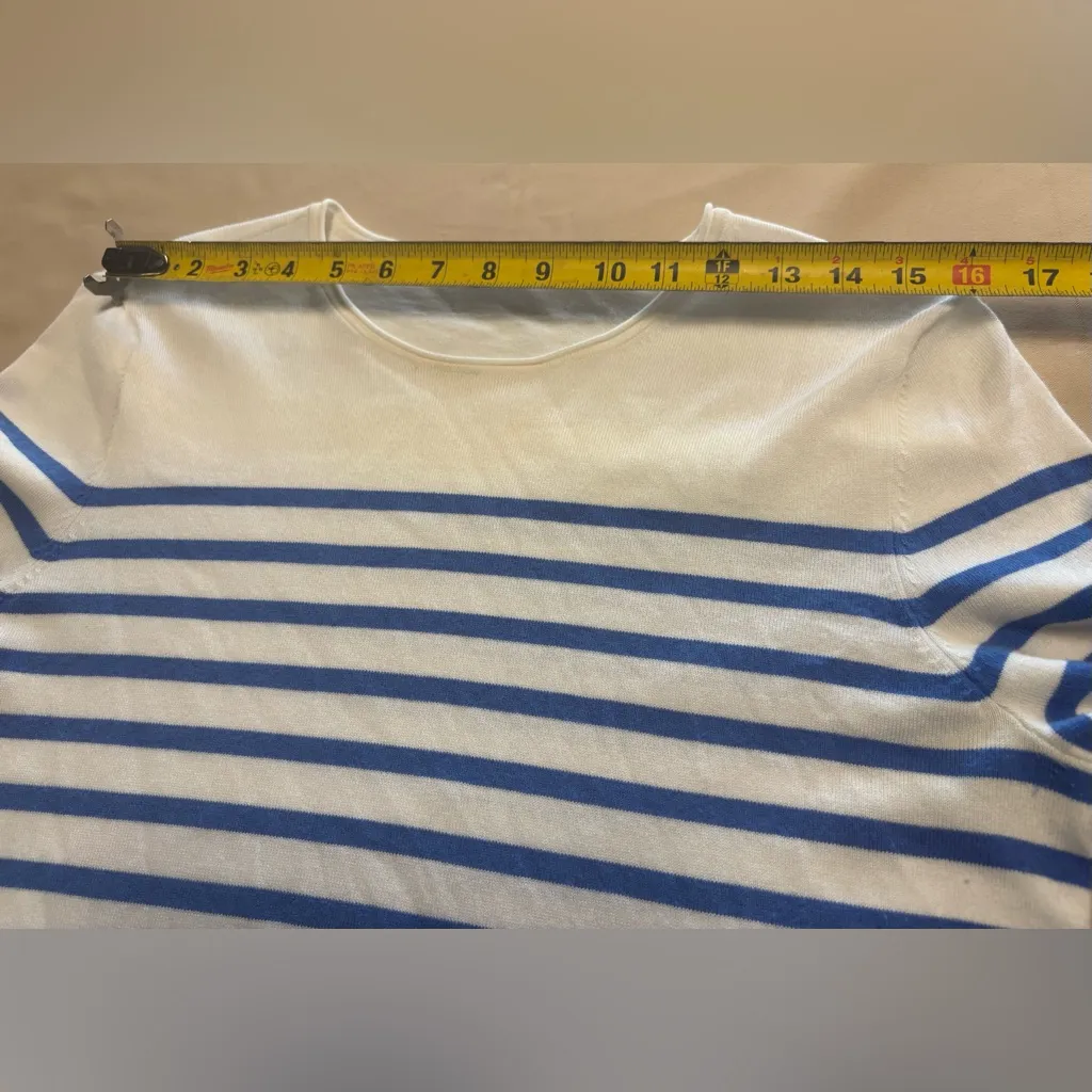 J Mclaughlin Crewneck Sweater Womens Medium Cream & Blue Stripe Long Sleeve - Image 7
