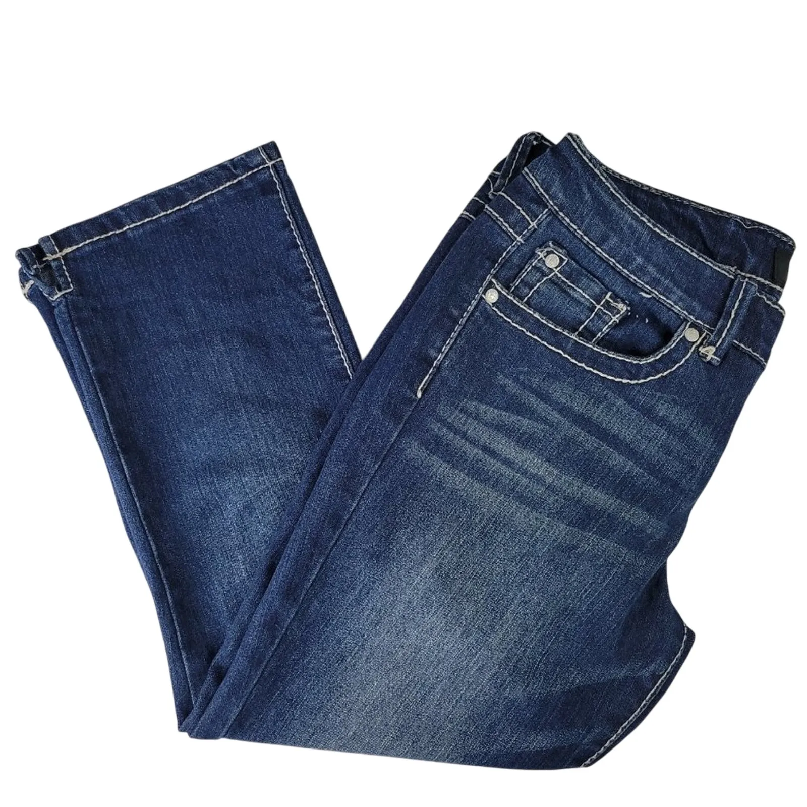 Womens Denim Capri‎ Jeans Embellished Pockets White Stitching Blue Wash - Image 3