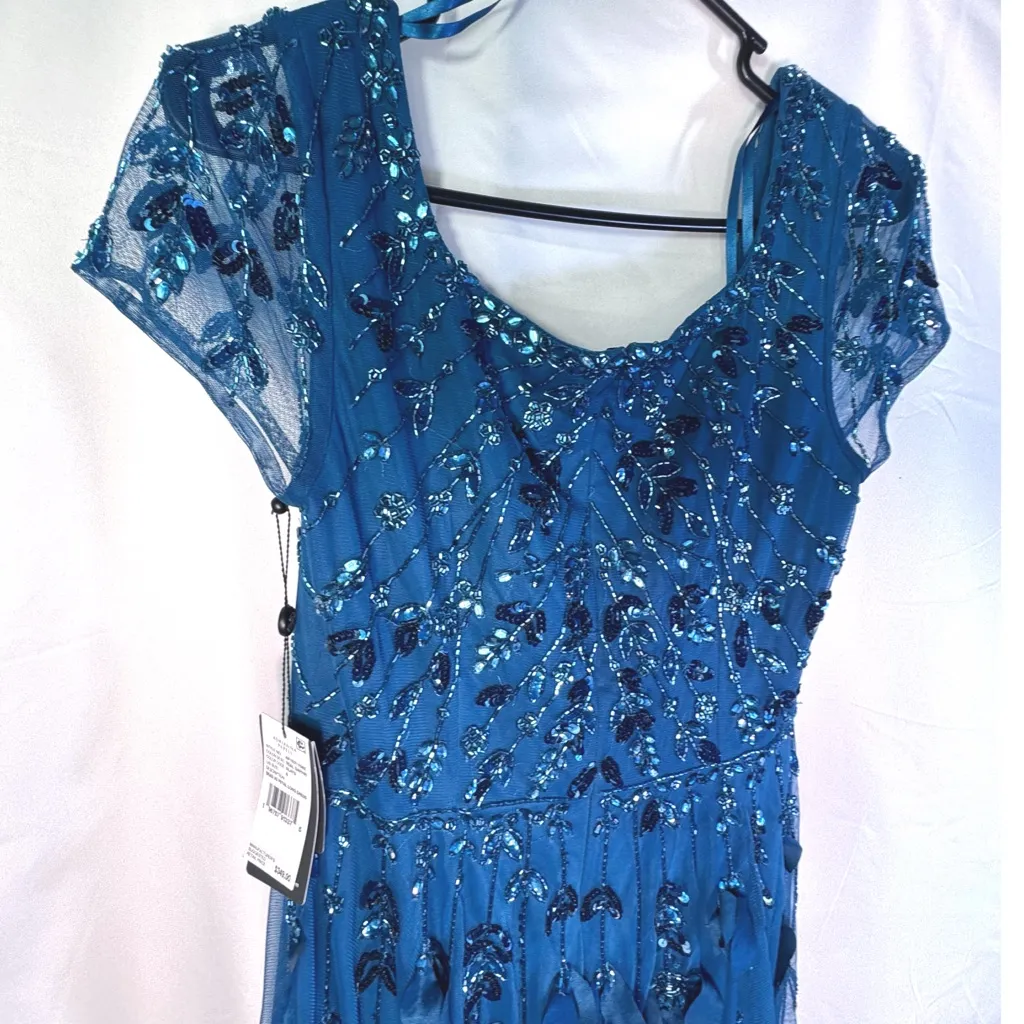 NWT Adrianna Papell Beaded 3D Petal Short Sleeve Gown Teal Blue Dress Sz 6 - Image 7