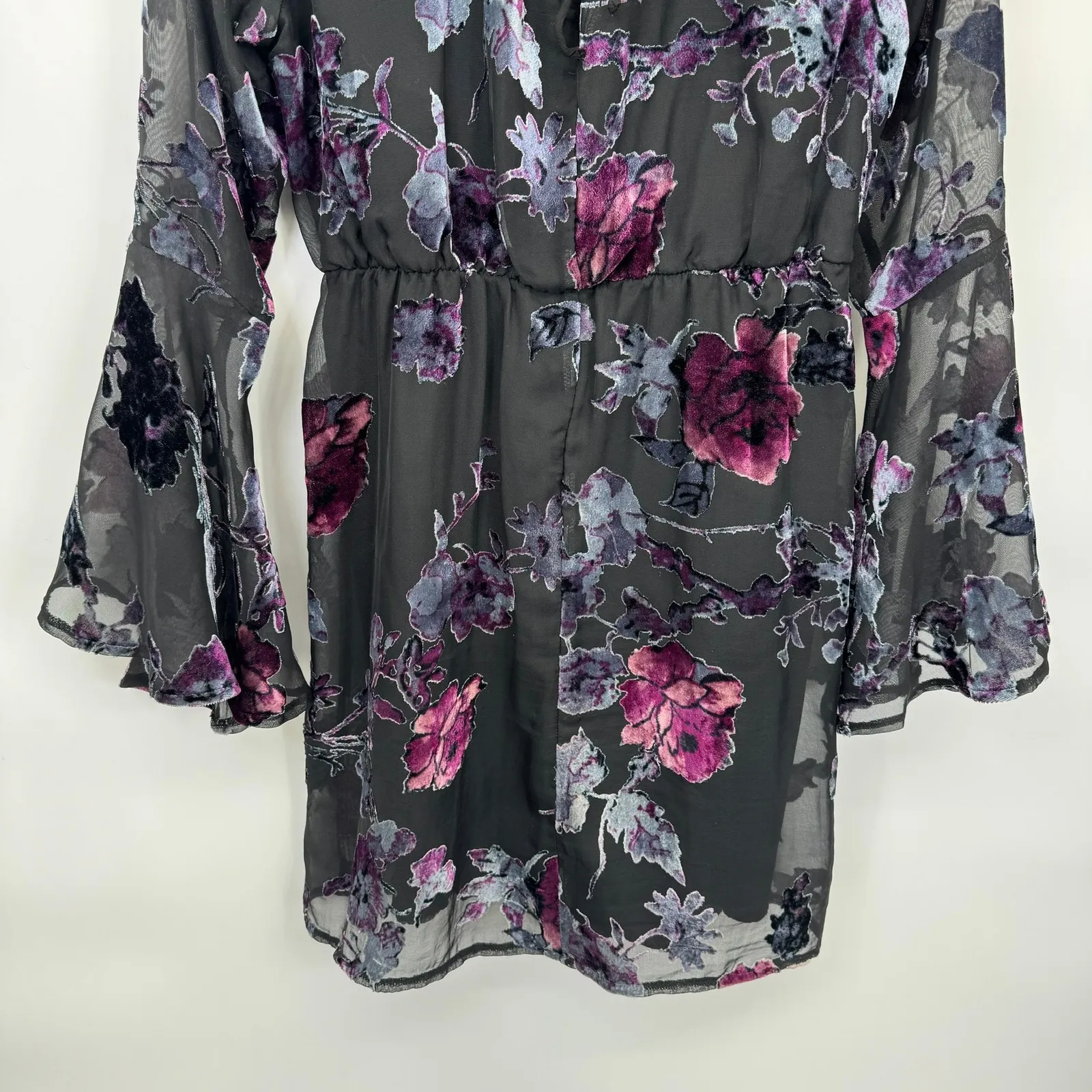 Dee Elly Mini Dress Womens Medium Black Floral Velvet Burnout Fairy Witchy - Image 9