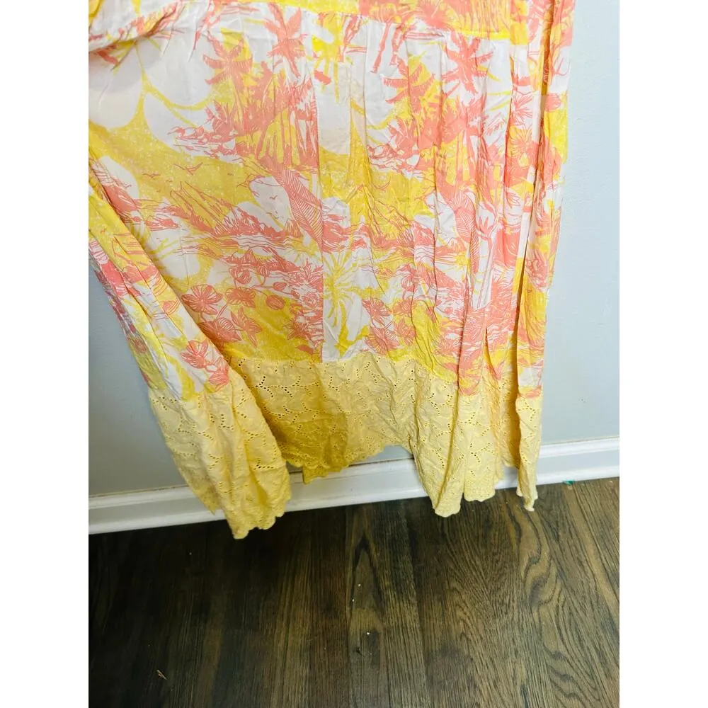 PARADISED AIDA Sunset Tropical Palm Floral Print Sleeveless Tiered Maxi Dress S Orange - Image 8