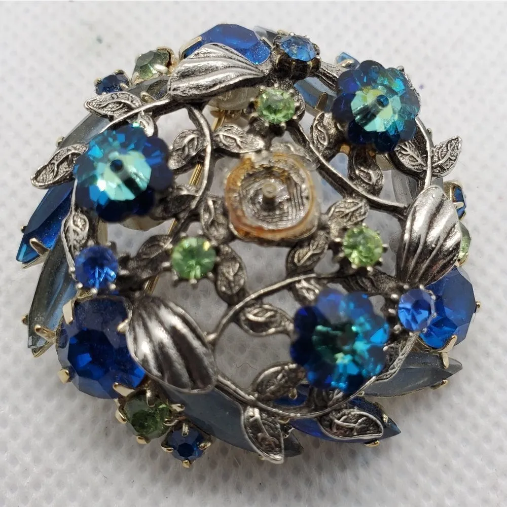 Vintage Blue, Green, & Silver Floral Brooch Green - Image 2
