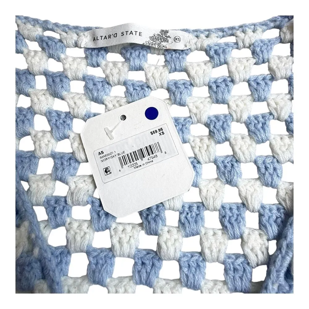 NEW Altard State CROCHET CARDIGAN Women’s XS Tie Front Bell Sleeve Crop Top Blue - Image 4