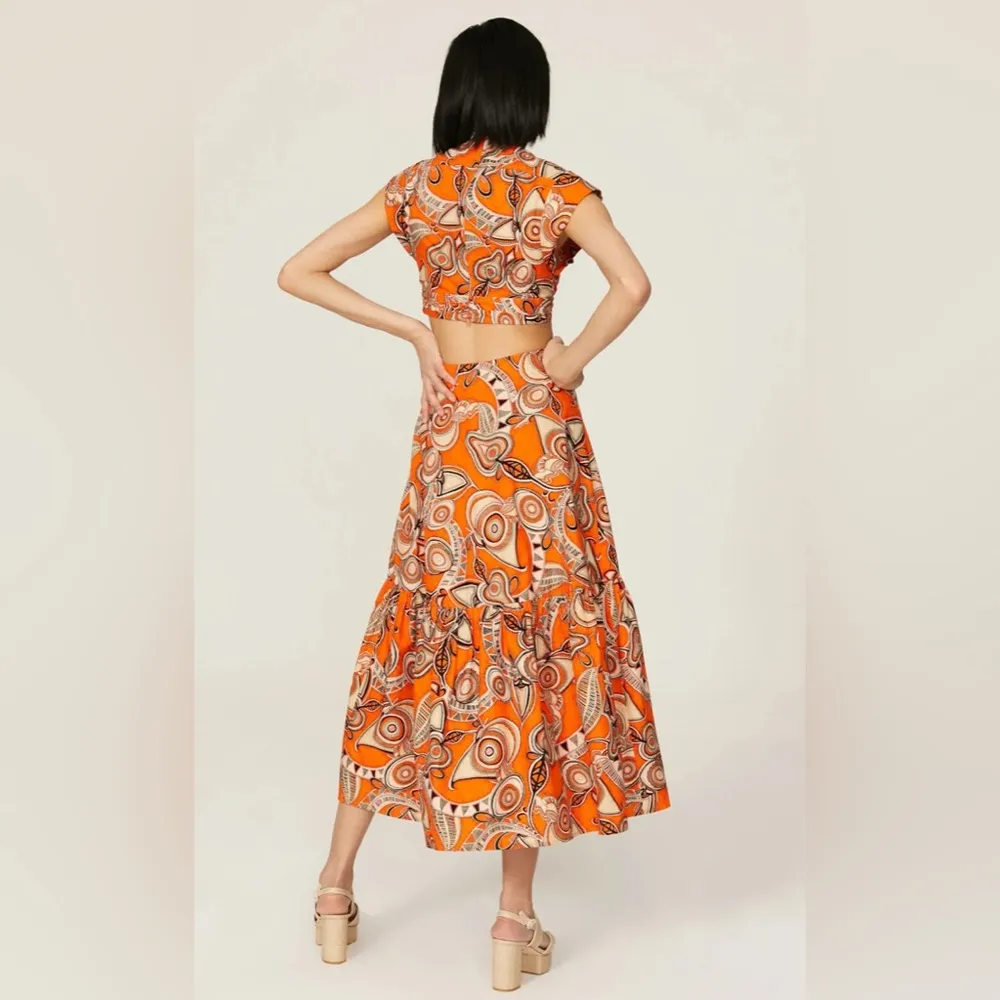 RTR A.L.C. Alexandria Orange Multi Geometric Cut Out Knot Front Midi Dress Sz 6‎ - Image 3