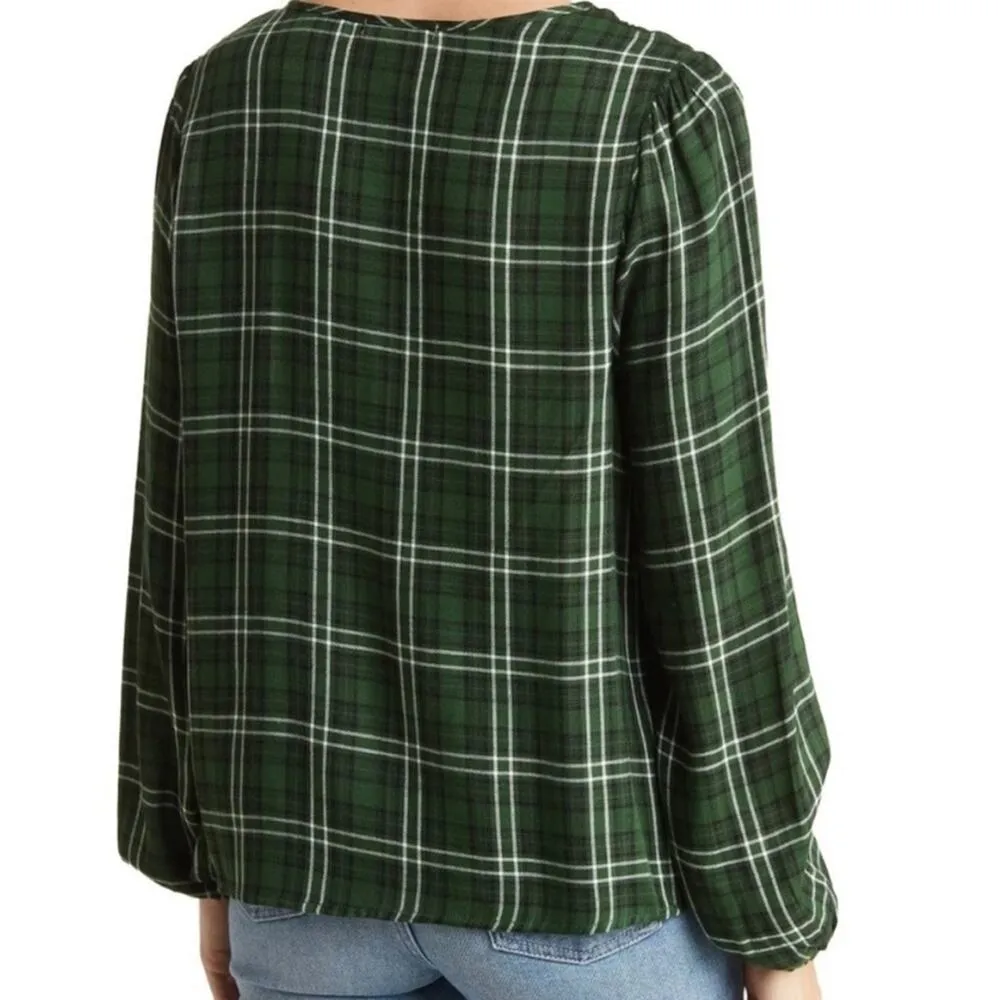 Three Dots Mason Plaid Long Sleeve Blouse Dark Green - Image 2
