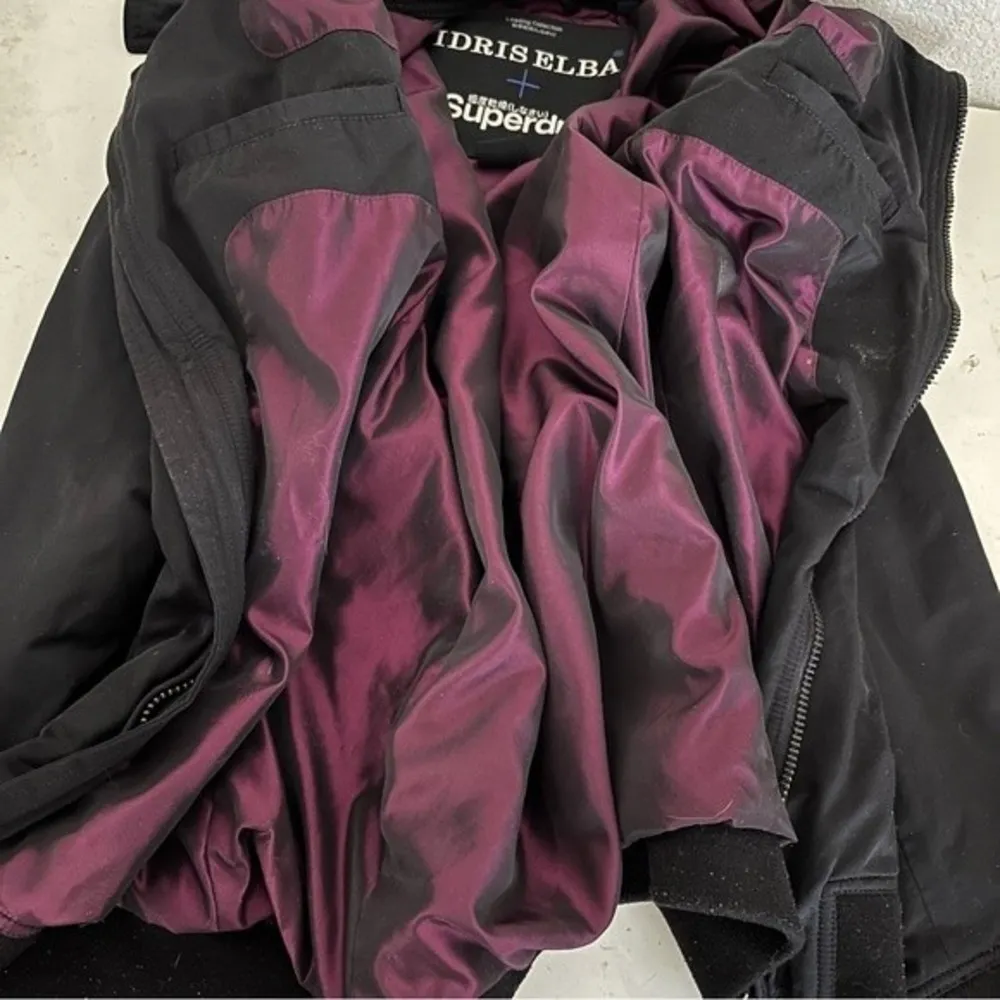 IDRIS ELBA + SUPERDRY Collab Black Jacket Purple Lining Zippered Pockets - Image 7