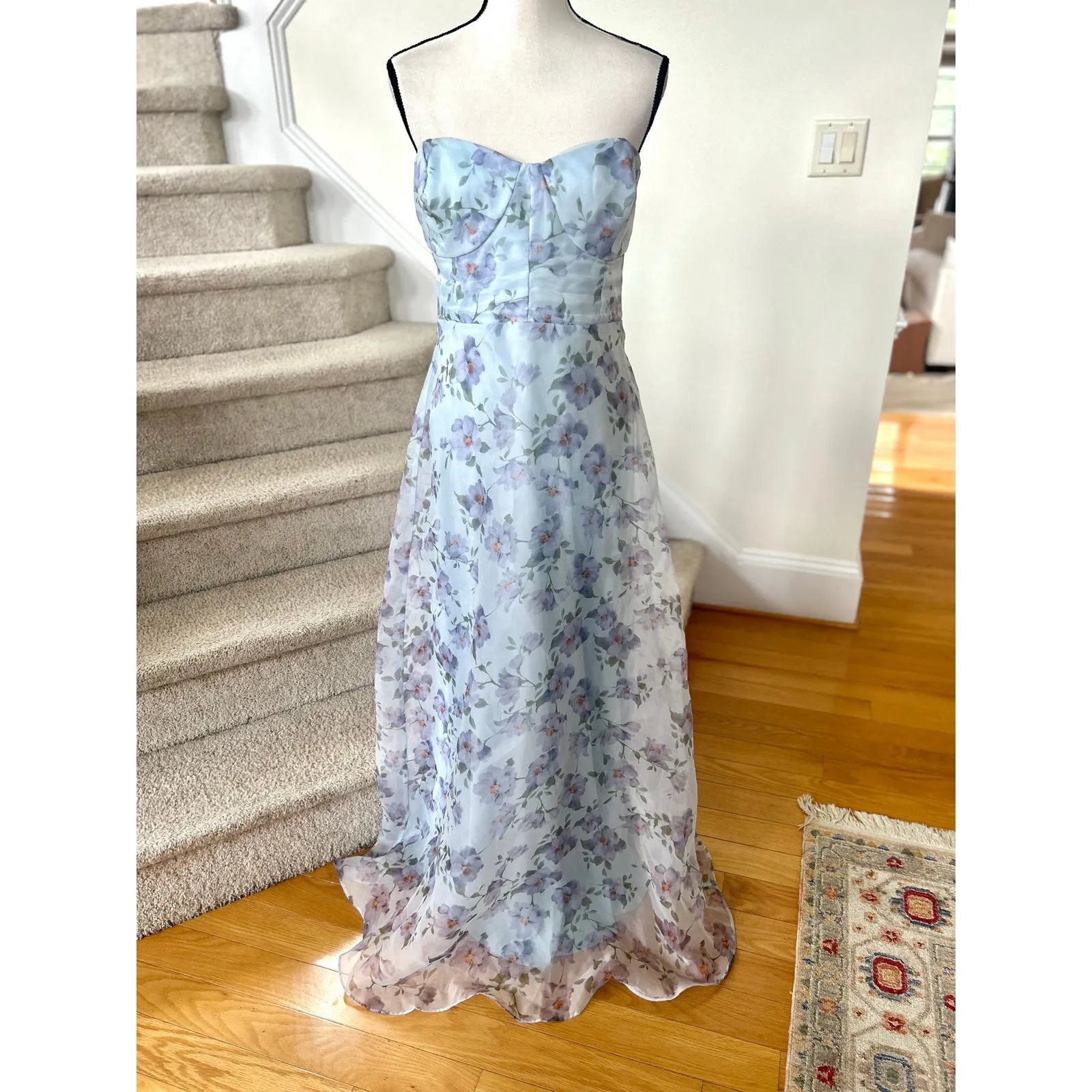 Lulu's Light Blue Floral Organza A-line Sweetheart Strapless Ball Gown - Image 2