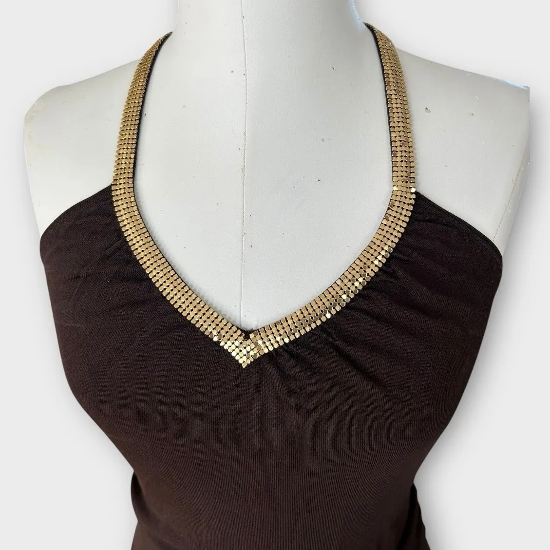 Vintage Y2K bebe Halter Top & Cardigan Set with Gold Chain Trim Brown Sz S/M - Image 12