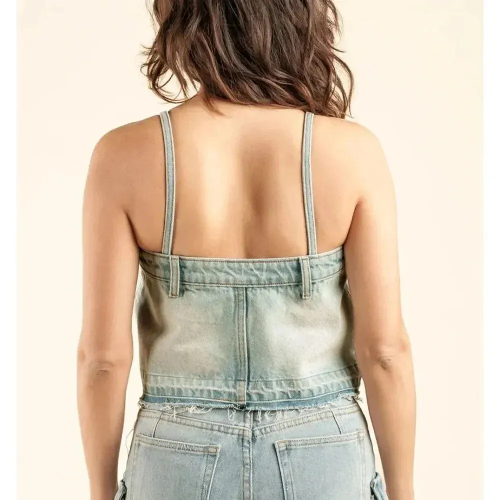 ZARA Denim Jean Cropped Pants Top Spaghetti Straps Size Large Bloggers Blue Wash - Image 2