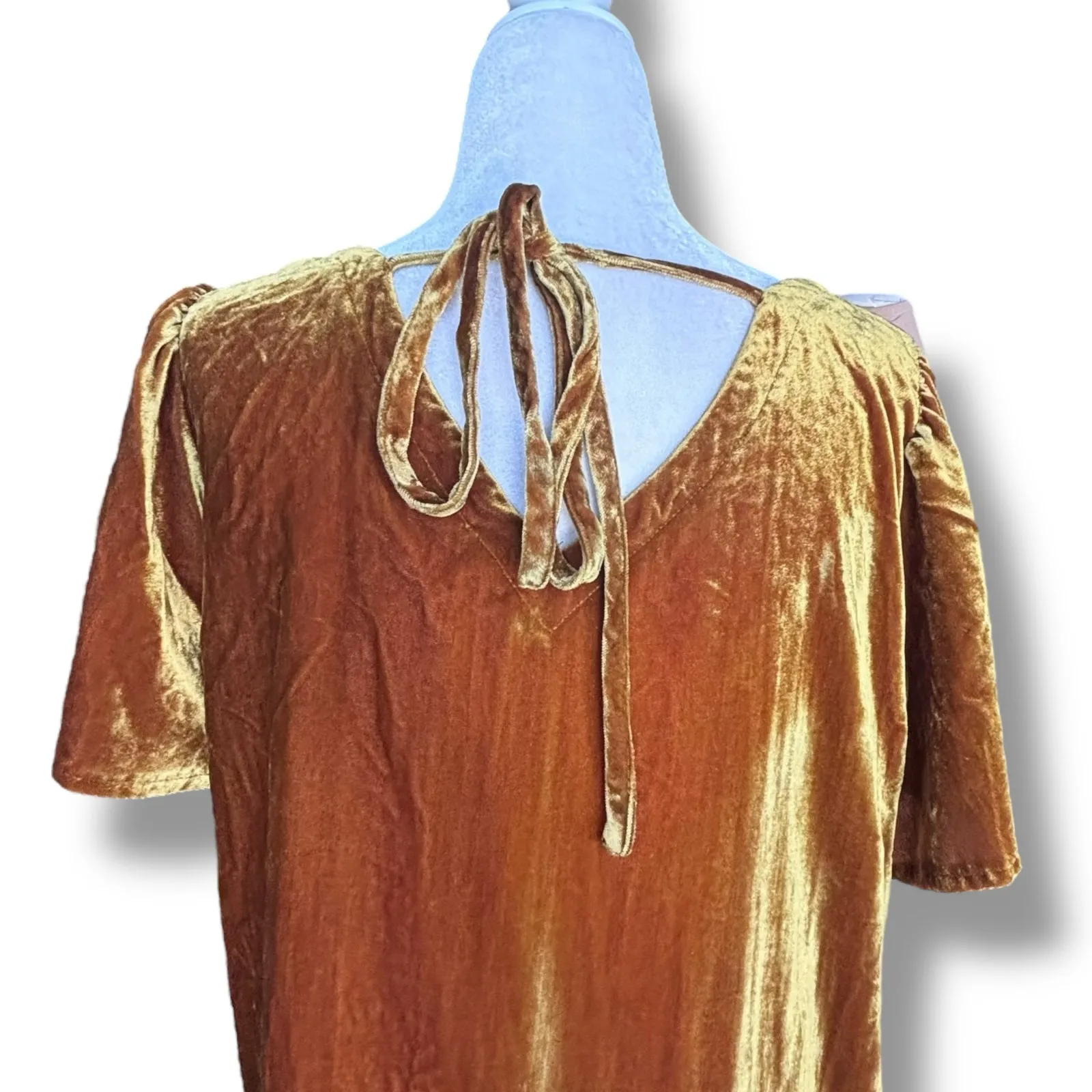 LOFT Velvet Top Gold Short Sleeve Tie Back Blouse  Flutter Sleeves Small Holiday - Image 6
