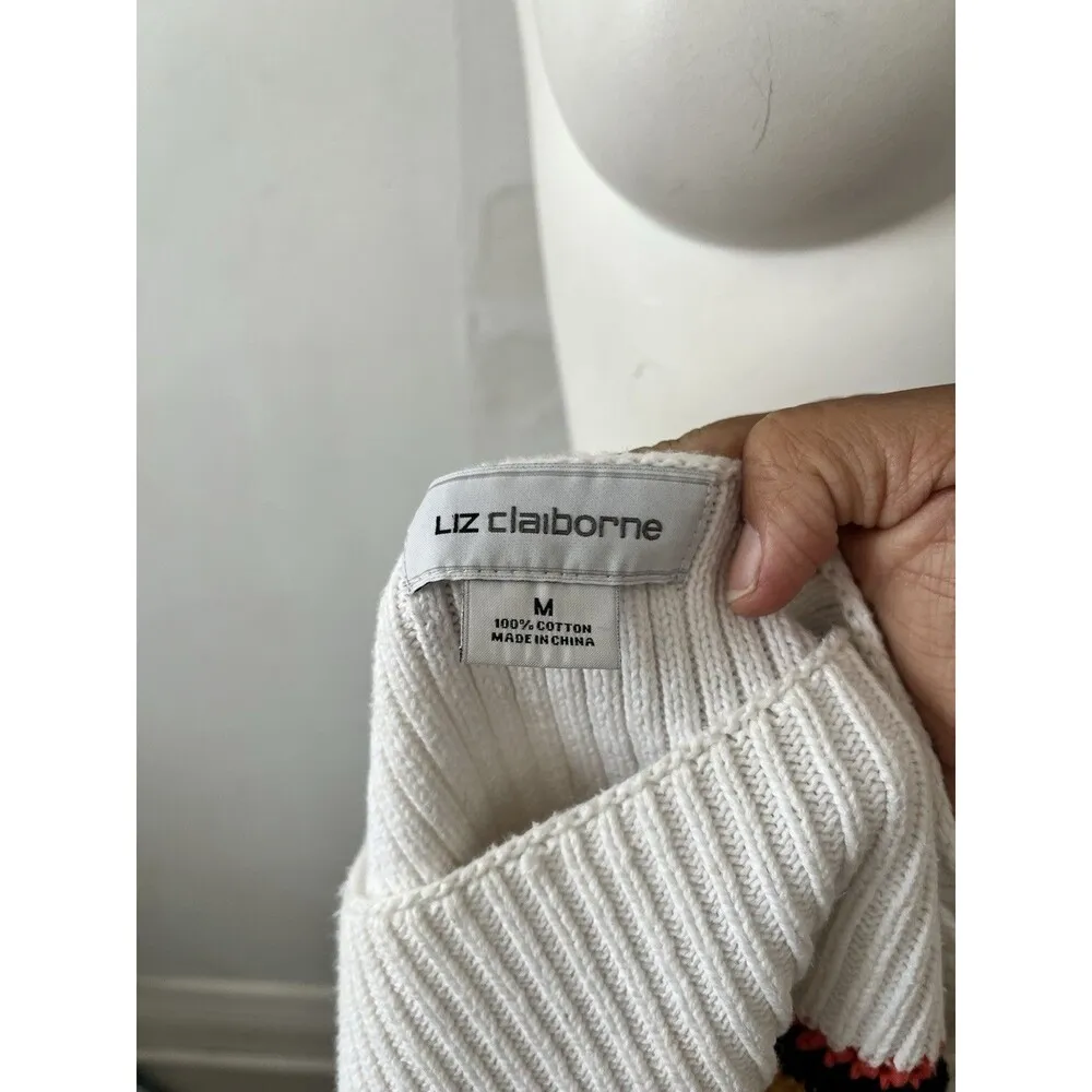 Vtg Liz Claiborne Cable Knit Yellow Green Blue Striped BoatNeck Sweater Preppy M - Image 8