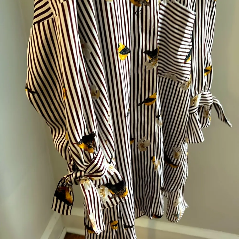Zara Basic Collection Oversized Bird Print Top Burgundy Stripes Size Medium - Image 4