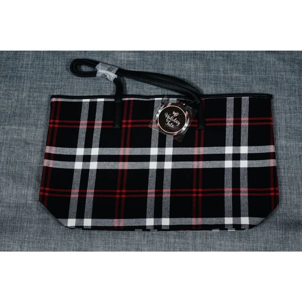 Arcadia Plaid Check Print Black Red White Tote NWT! - Image 2