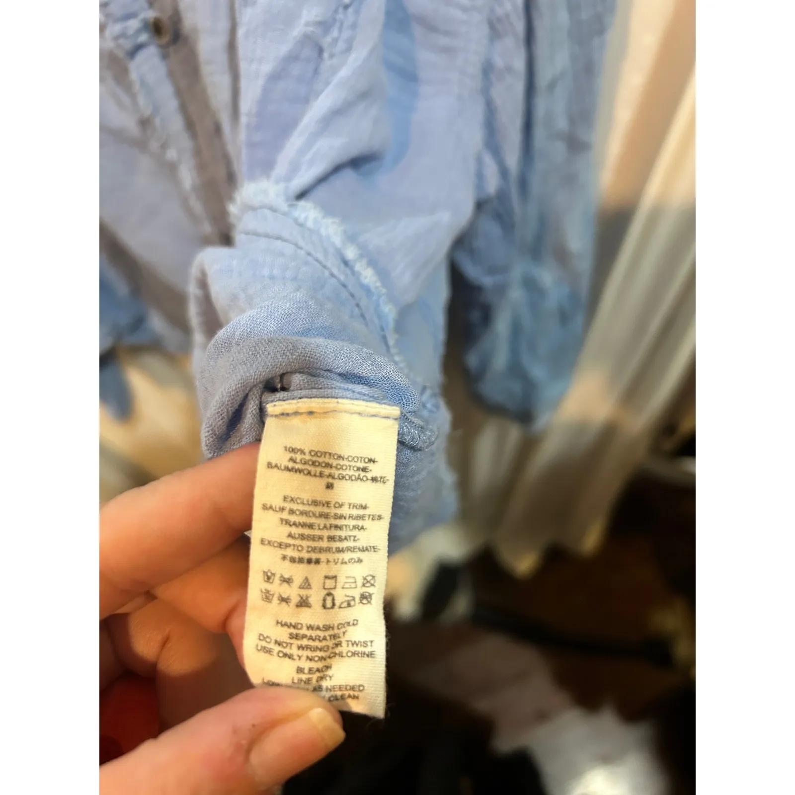 We The‎ Free People Blue Cotton Gauze Long Sleeve Frayed Hem Button Down Top - Image 2