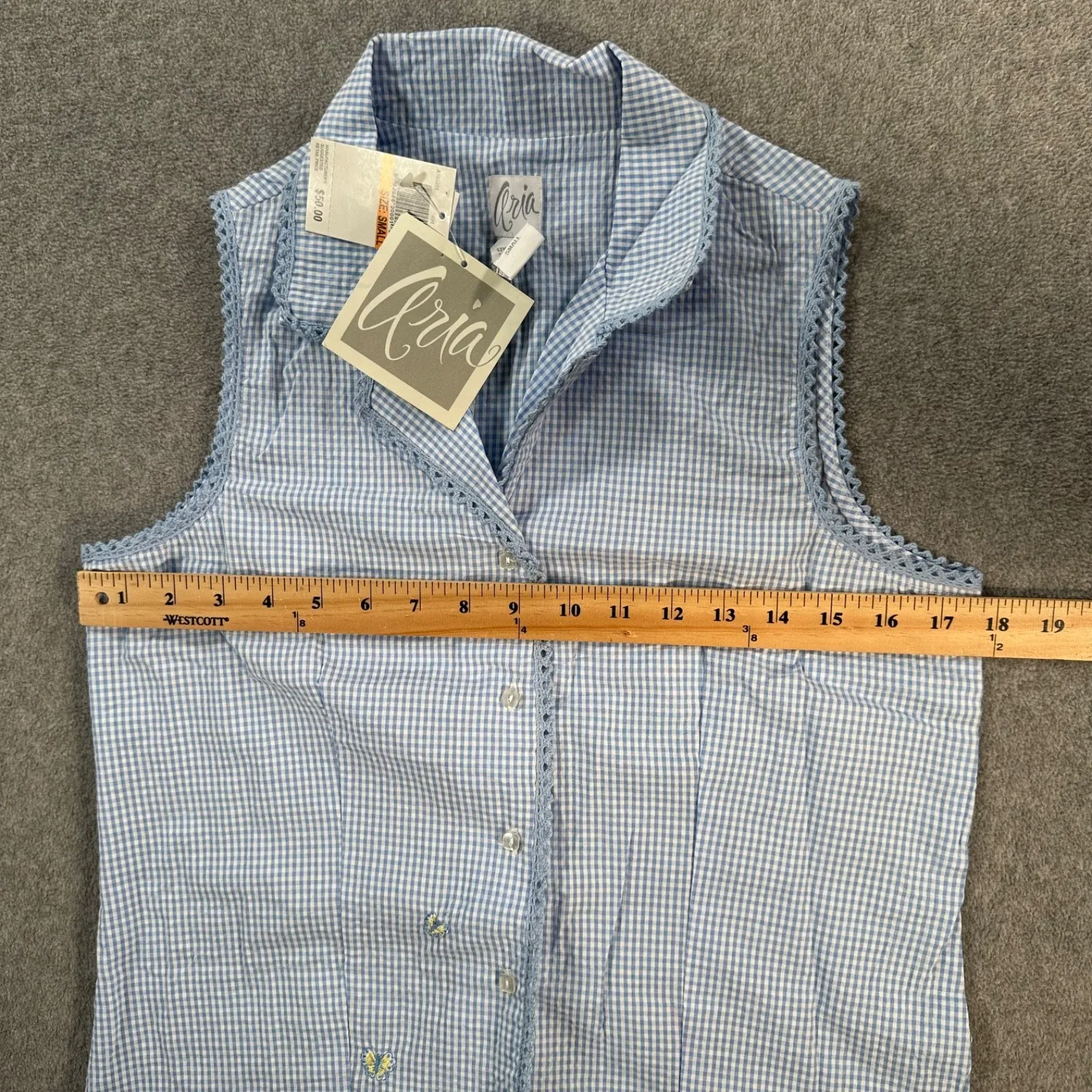 Aria Blue Gingham Sleeveless Pajama Top Women's Small Butterfly Embroidered New - Image 6