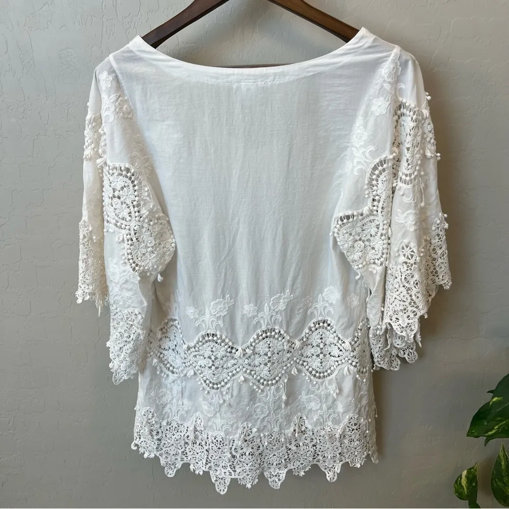 Eberjey white cover up tunic dress, 100% Cotton, wide 3/4 sleeve w.lace S/M - Image 6