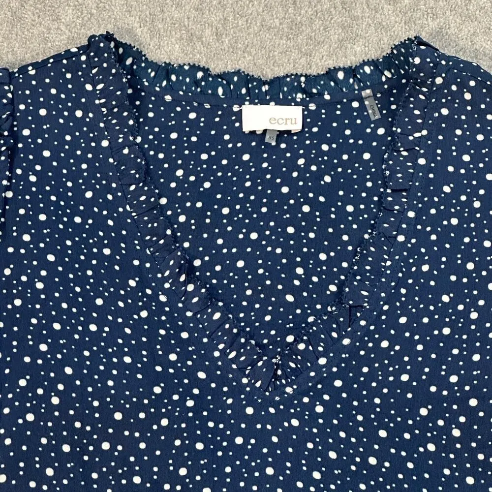 Ecru Puff Sleeve Blouse Women's X-Small Blue/White V-Neck Ruffle Polka Dot Pleat - Image 4